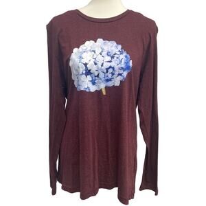 Hand Printed Upcycled Womens Large Hydrangea Floral Long Sleeve Tee Shirt